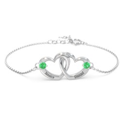 Interlocking Heart Promise Bracelet with Two Stones in 925 Sterling Silver with Emerald