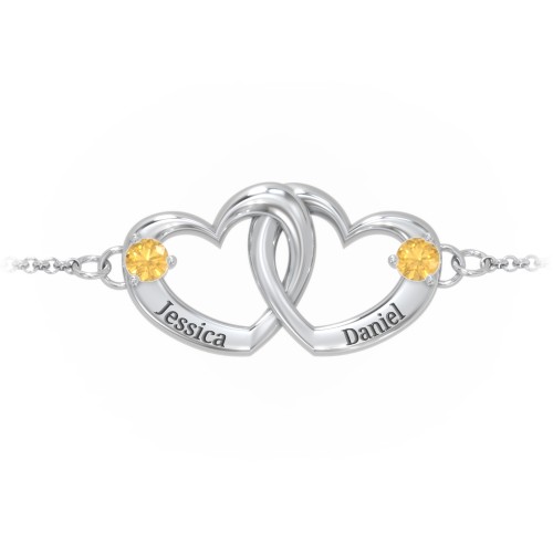 Interlocking Heart Promise Bracelet with Two Stones – Sterling Silver with Citrine
