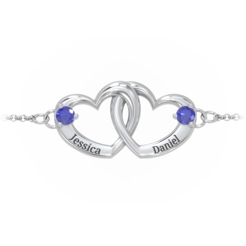 Interlocking Heart Promise Bracelet with Two Stones – Sterling Silver with Blue Sapphire