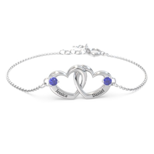 Interlocking Heart Promise Bracelet with Two Stones – Sterling Silver with Blue Sapphire