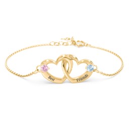 Interlocking Heart Promise Bracelet with Two Stones in 10K Solid Yellow Gold with Pink Tourmaline and Blue Topaz