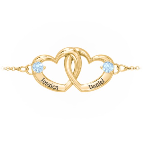 Interlocking Heart Promise Bracelet with Two Stones – 10K Yellow Gold with Blue Topaz