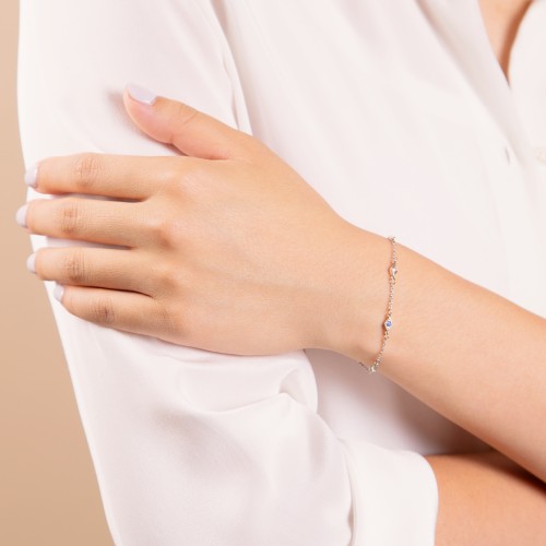 Diamond Shape Charm Bracelet with Gemstones – 10K Rose Gold with Amethyst, Mint Premium Zirconia, Emerald, Citrine, and Garnet