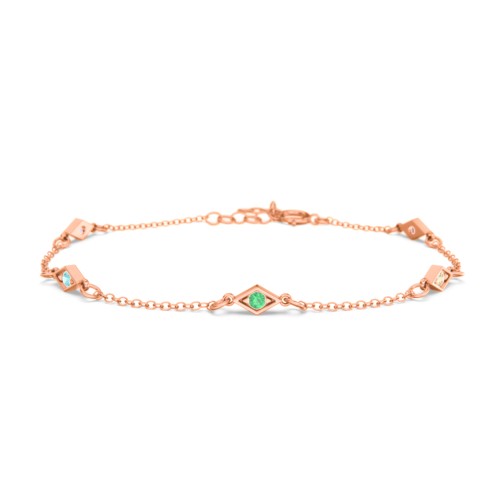 Diamond Shape Charm Bracelet with Gemstones – 10K Rose Gold with Amethyst, Mint Premium Zirconia, Emerald, Citrine, and Garnet