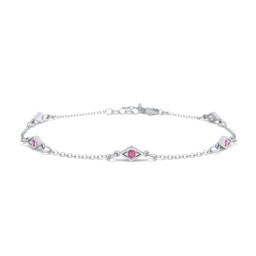 Diamond Shape Charm Bracelet with Gemstones in 925 Sterling Silver with Ruby