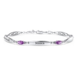Engravable Family Bracelet with Marquise Birthstones (1-5 Stones) in 925 Sterling Silver with Amethyst, Peridot, and Citrine