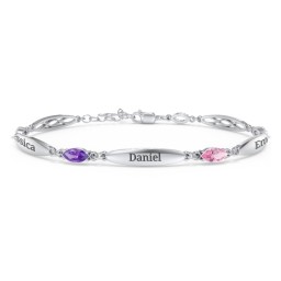 Engravable Family Bracelet with Marquise Birthstones (1-5 Stones) in 925 Sterling Silver with Amethyst, Pink Tourmaline, Aquamarine, Peridot, and Citrine
