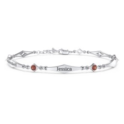 Engravable Modern Family Bracelet with Round Birthstones (1-5 Stones) in 925 Sterling Silver with Garnet and Blue Topaz