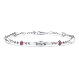Engravable Modern Family Bracelet with Round Birthstones (1-5 Stones) in 925 Sterling Silver with Ruby, Garnet, and Blue Topaz