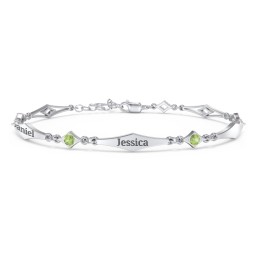 Engravable Modern Family Bracelet with Round Birthstones (1-5 Stones) in 925 Sterling Silver with Peridot, Garnet, and Blue Topaz