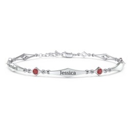 Engravable Modern Family Bracelet with Round Birthstones (1-5 Stones) in 925 Sterling Silver with Garnet and Blue Topaz