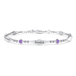 Engravable Modern Family Bracelet with Round Birthstones (1-5 Stones) in 925 Sterling Silver with Amethyst, Garnet, and Blue Topaz