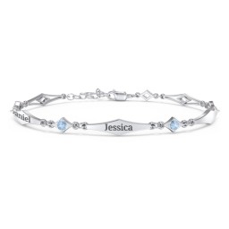 Engravable Modern Family Bracelet with Round Birthstones (1-5 Stones) in 925 Sterling Silver with Blue Topaz and Garnet