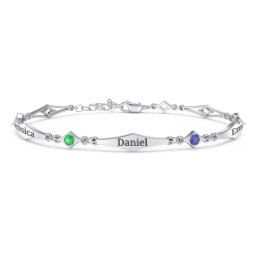 Engravable Modern Family Bracelet with Round Birthstones (1-5 Stones) in 925 Sterling Silver with Emerald, Blue Sapphire, Pink Tourmaline, Garnet, and Blue Topaz