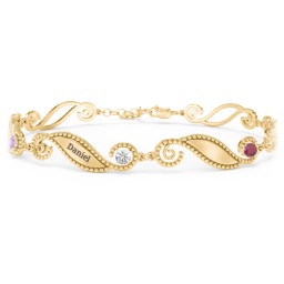 Engravable Beaded Family Bracelet with Round Birthstones (1-6 Stones) in 10K Solid Yellow Gold with Amethyst, Cubic Zirconia, Ruby, Fancy Blue Premium Zirconia, Pink Tourmaline, and Emerald