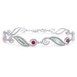 Engravable Beaded Family Bracelet with Round Birthstones (1-6 Stones) in 925 Sterling Silver with Ruby, Fancy Blue Premium Zirconia, Pink Tourmaline, and Emerald
