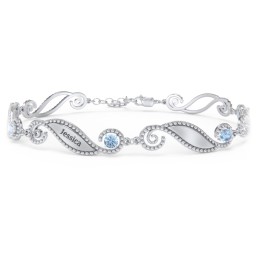 Engravable Beaded Family Bracelet with Round Birthstones (1-6 Stones) in 925 Sterling Silver with Blue Topaz, Fancy Blue Premium Zirconia, Pink Tourmaline, and Emerald