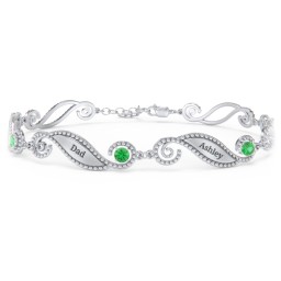 Engravable Beaded Family Bracelet with Round Birthstones (1-6 Stones) in 925 Sterling Silver with Emerald, Fancy Blue Premium Zirconia, and Pink Tourmaline