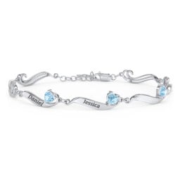 Engravable Milgrain Family Bracelet with Heart Birthstones (1-7 Stones)