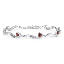 Engravable Milgrain Family Bracelet with Heart Birthstones (1-7 Stones) in 925 Sterling Silver with Garnet, Peridot, Blue Topaz, Pink Tourmaline, and Amethyst