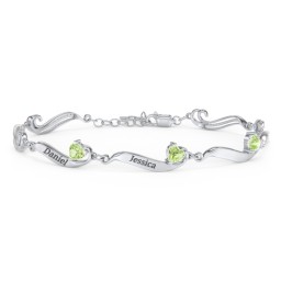 Engravable Milgrain Family Bracelet with Heart Birthstones (1-7 Stones) in 925 Sterling Silver with Peridot, Blue Topaz, Pink Tourmaline, and Amethyst