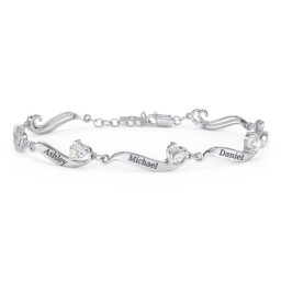 Engravable Milgrain Family Bracelet with Heart Birthstones (1-7 Stones) in 925 Sterling Silver with Cubic Zirconia, Peridot, Blue Topaz, Pink Tourmaline, and Amethyst