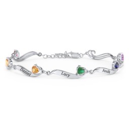 Engravable Milgrain Family Bracelet with Heart Birthstones (1-7 Stones) in 925 Sterling Silver with Ruby, Citrine, Emerald, Blue Sapphire, and Amethyst