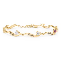 Engravable Milgrain Family Bracelet with Heart Birthstones (1-7 Stones) in 10K Solid Yellow Gold with Diamond, Ruby, Peridot, Blue Topaz, Pink Tourmaline, and Amethyst