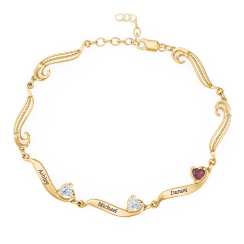 Engravable Milgrain Family Bracelet with Heart Birthstones (1-7 Stones) – 10K Yellow Gold with Diamond and Ruby