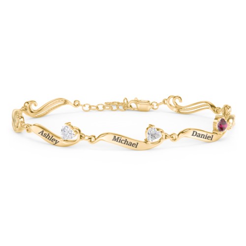 Engravable Milgrain Family Bracelet with Heart Birthstones (1-7 Stones) – 10K Yellow Gold with Diamond and Ruby