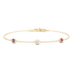 Bezel-Set Round Stone Station Bracelet in 10K Solid Yellow Gold with Amethyst, Cubic Zirconia, Ruby, Pink Tourmaline, Blue Topaz, and Smokey Quartz