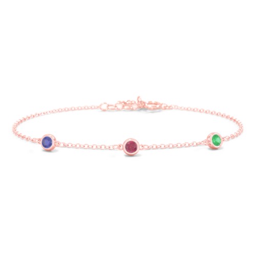 Bezel-Set Round Stone Station Bracelet – 10K Rose Gold with Blue Sapphire, Ruby, and Emerald