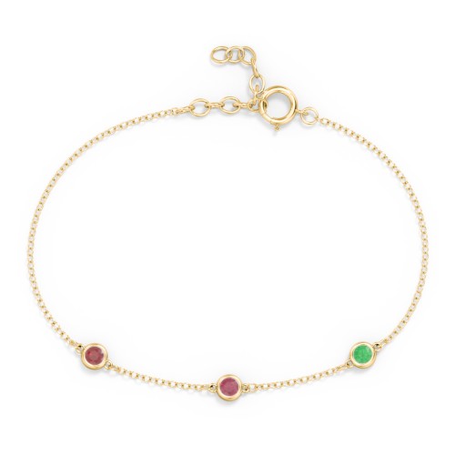 Bezel-Set Round Stone Station Bracelet – 18K Gold Plated Silver with Garnet, Ruby, and Emerald
