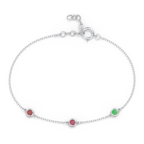 Bezel-Set Round Stone Station Bracelet – Sterling Silver with Garnet, Ruby, and Emerald