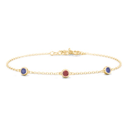 Bezel-Set Round Stone Station Bracelet – 10K Yellow Gold with Blue Sapphire and Garnet