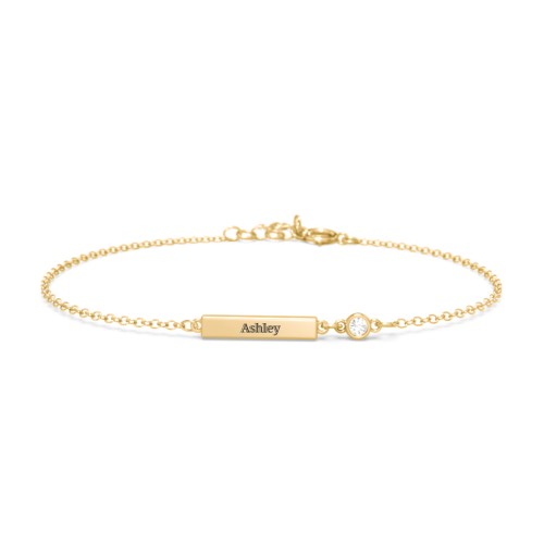 Engravable Bar Bracelet with Bezel Set Stone – 18K Gold Plated Silver with Cubic Zirconia