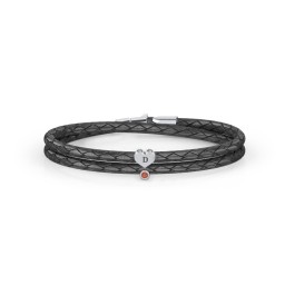 Engravable Sterling Silver Heart & Gemstone Leather Bracelet in 925 Sterling Silver with Garnet