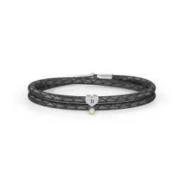 Engravable Sterling Silver Heart & Gemstone Leather Bracelet in 925 Sterling Silver with Peridot