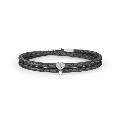 Engravable Sterling Silver Heart & Gemstone Leather Bracelet – Sterling Silver with Aquamarine