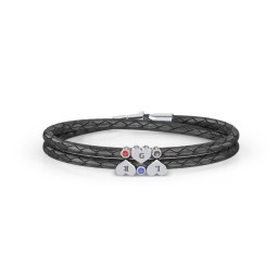 Engravable Sterling Silver Heart & Gemstone Leather Bracelet -3 in 925 Sterling Silver with Garnet, Blue Sapphire, and Smokey Quartz