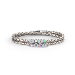 Engravable Sterling Silver Heart & Gemstone Leather Bracelet - 4 – Sterling Silver with Pink Tourmaline, Peridot, Amethyst, and Emerald
