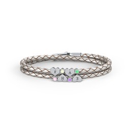 Engravable Sterling Silver Heart & Gemstone Leather Bracelet - 4 in 925 Sterling Silver with Fancy Pink Premium Zirconia, Fancy Yellow Premium Zirconia, Amethyst Premium Zirconia, and Green Premium Zirconia