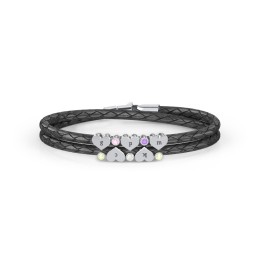 Engravable Sterling Silver Heart & Gemstone Leather Bracelet - 5 in 925 Sterling Silver with Peridot, Pink Tourmaline, Cubic Zirconia, and Amethyst