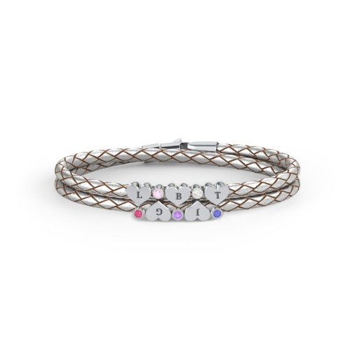 Engravable Sterling Silver Heart & Gemstone Leather Bracelet - 5 – Sterling Silver with Ruby, Pink Tourmaline, Amethyst, Cubic Zirconia, and Blue Sapphire