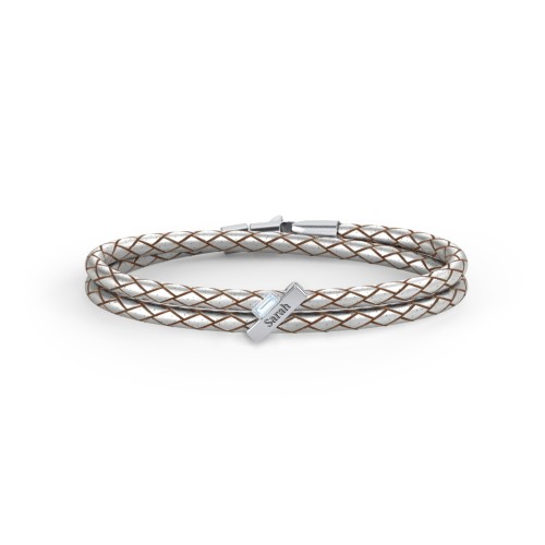 Engravable Sterling Silver Bar & Baguette Leather Bracelet – Sterling Silver with Aquamarine
