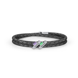 Engravable Sterling Silver Bar & Baguette Leather Bracelet - 2 in 925 Sterling Silver with Amethyst and Emerald
