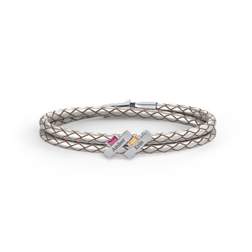 Engravable Sterling Silver Bar & Baguette Leather Bracelet - 2