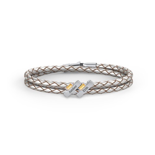 Engravable Sterling Silver Bar & Baguette Leather Bracelet - 2 – Sterling Silver with Citrine