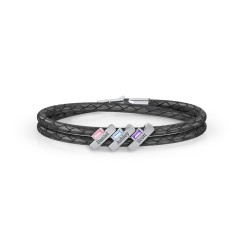 Engravable Sterling Silver Bar & Baguette Leather Bracelet - 3 – Sterling Silver with Pink Tourmaline, Blue Topaz, and Amethyst