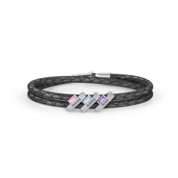 Engravable Sterling Silver Bar & Baguette Leather Bracelet - 3 in 925 Sterling Silver with Pink Tourmaline, Blue Topaz, and Amethyst
